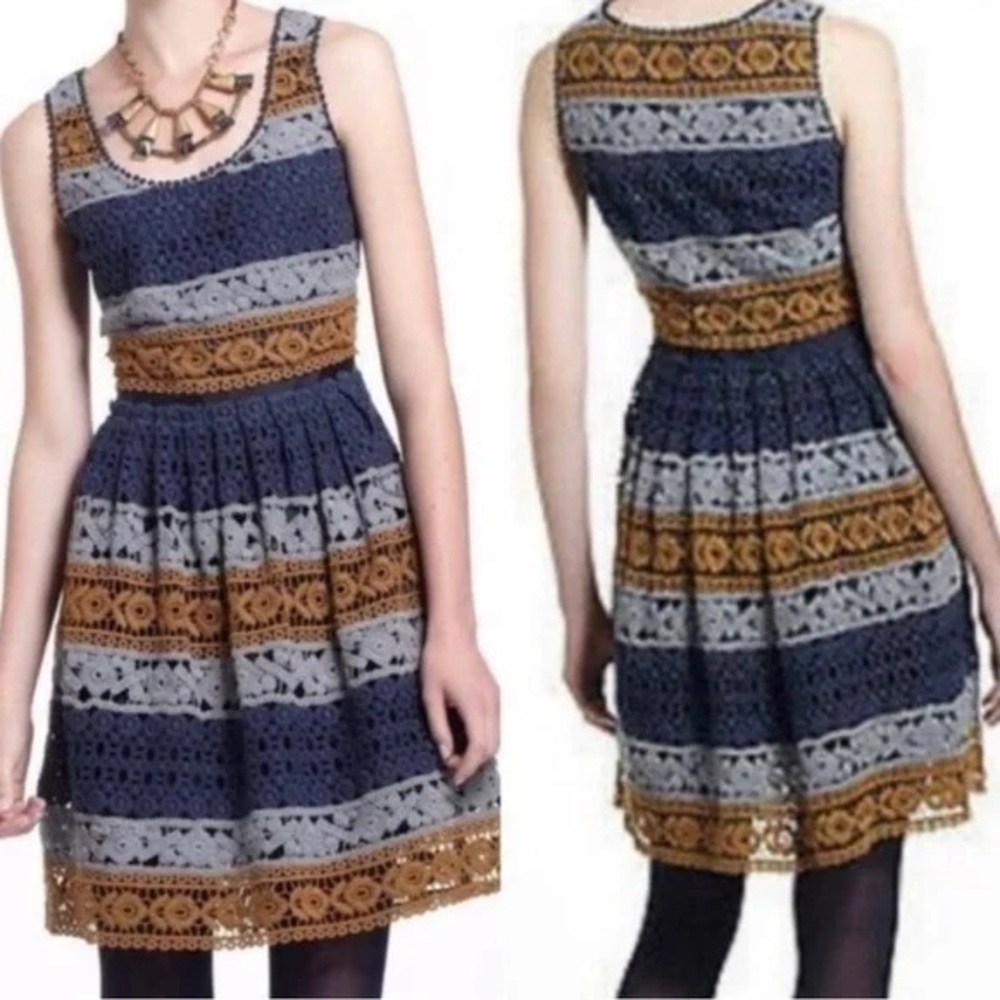 Maeve Navy, Gray & Mustard Lace Fit-and-Flare Dress